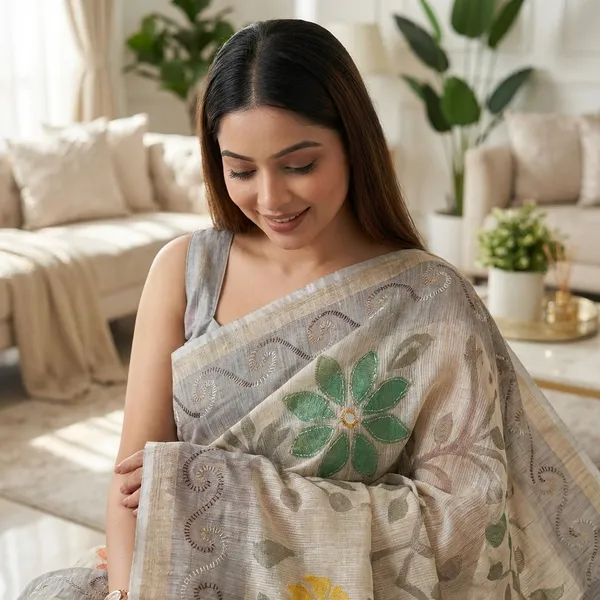Designer_Print_In_Saree_With_Contrast_Printed_Blouse_Dusty_Grey