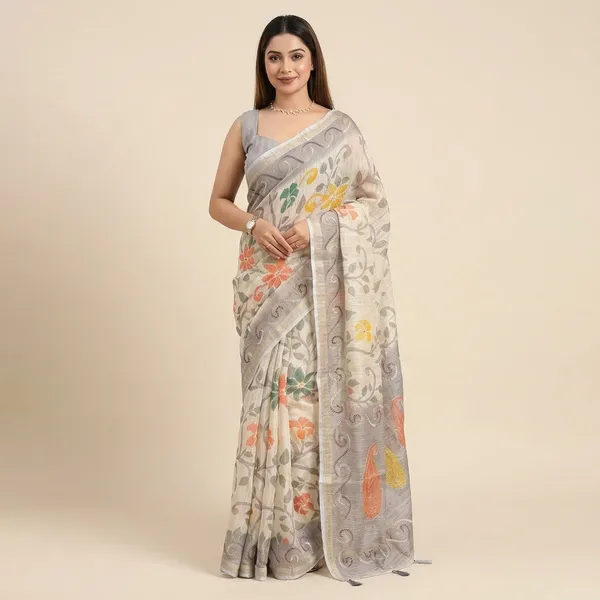 Designer_Print_In_Saree_With_Contrast_Printed_Blouse_Dusty_Grey