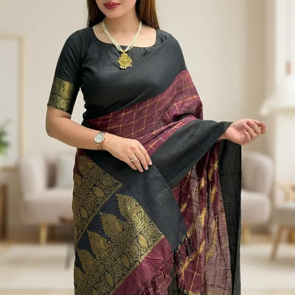 Contrast_Black_Satin_Weaving_Border_In_Full_Saree_Maroon