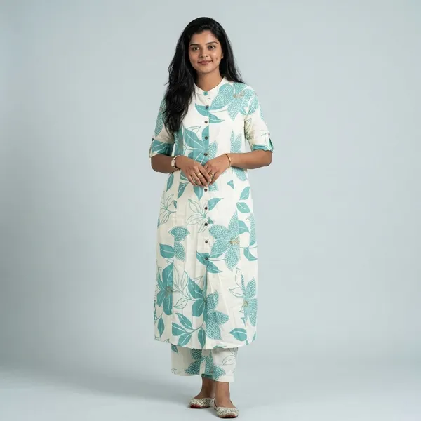 For_Summer_Designer_Cord_Set_With_Aline_Cut_Kurti_Pattern_Paired_With_Ankle_Length_Pant_Top_Aqua_Blue