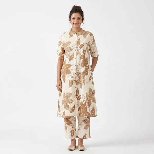 For_Summer_Designer_Cord_Set_With_Aline_Cut_Kurti_Pattern_Paired_With_Ankle_Length_Pant_Top_Beige