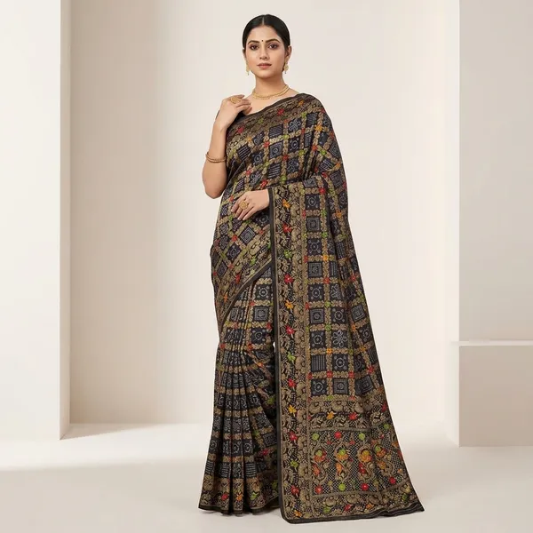 Pure_Soft_Khadi_Dolla_Silk_Bandhej_Saree_Black