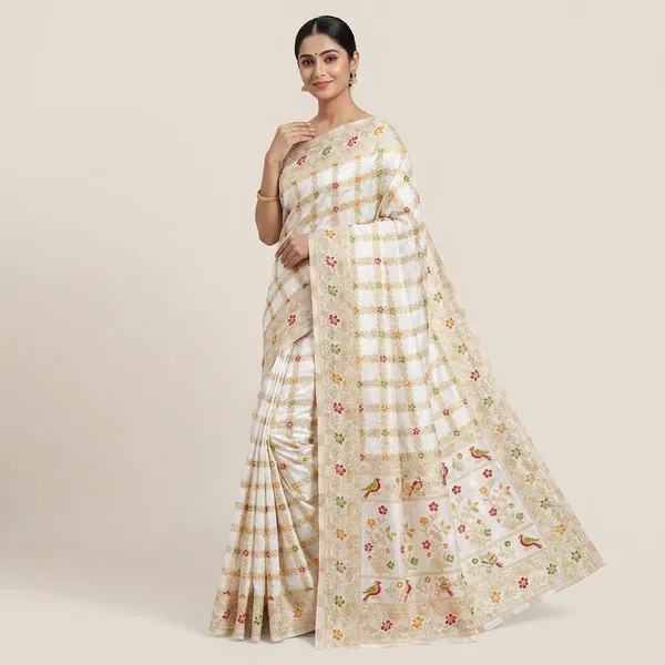 Pure_Soft_Khadi_Dolla_Silk_Bandhej_Saree_White