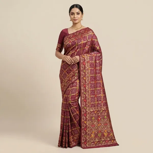 Pure_Soft_Khadi_Dolla_Silk_Bandhej_Saree_Metalic_Wine