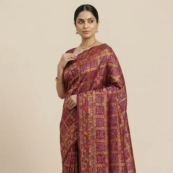 Pure_Soft_Khadi_Dolla_Silk_Bandhej_Saree_Metalic_Wine