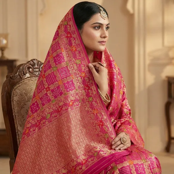 Pure_Soft_Khadi_Dolla_Silk_Bandhej_Saree_Rani_Pink