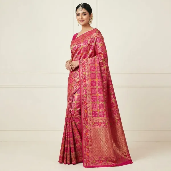Pure_Soft_Khadi_Dolla_Silk_Bandhej_Saree_Rani_Pink