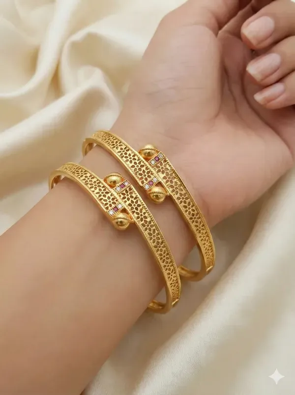Gold-Plated_Textured_Bangles_With_Gemstone_Accents_(Set_Of_2)