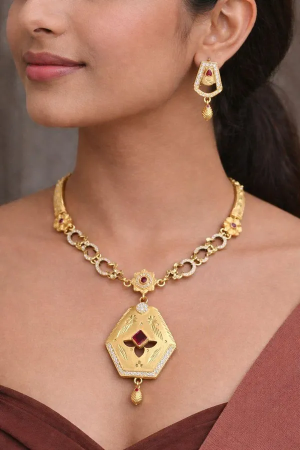 Gold-Toned_Floral_Necklace_Set_With_Ruby_Accents