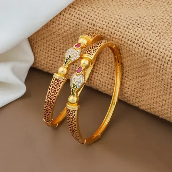 Gold-Plated_Filigree_Bangle_Pair_With_Ruby_And_Cubic_Zirconia_Accents