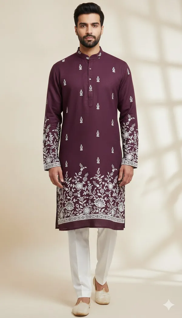 Men_Embroidered_Maroon_Kurta_With_White_Pajama_Set_Traditional_Ethnic_Wear