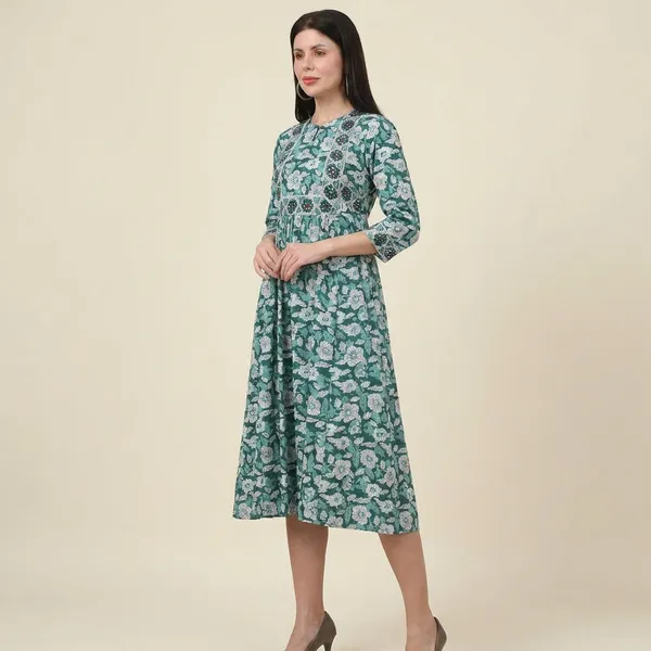 Green_Floral_Print_Aline_Dress_With_3/4_Sleeves