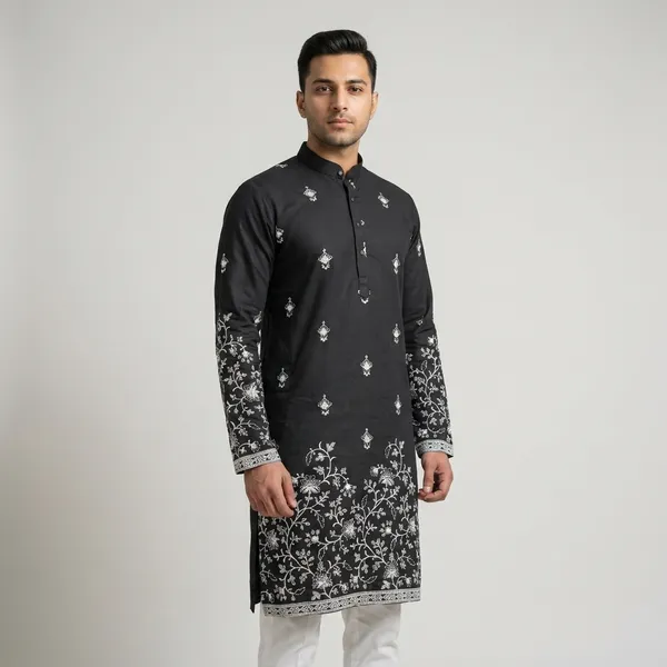 Black_Embroidered_Kurta_With_White_Churidar_Traditional_Ethnic_Wear_For_Men