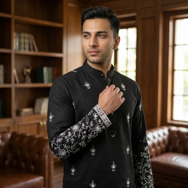 Black_Embroidered_Kurta_With_White_Churidar_Traditional_Ethnic_Wear_For_Men