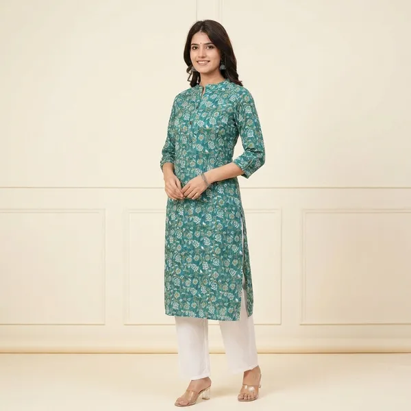 Green_Floral_Printed_Kurti_With_Round_Neck_And_Threequarter_Sleeves