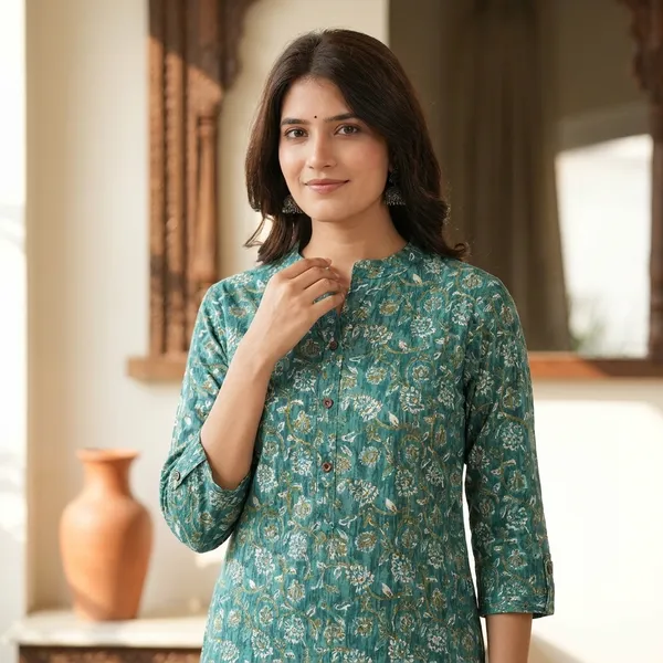 Green_Floral_Printed_Kurti_With_Round_Neck_And_Threequarter_Sleeves