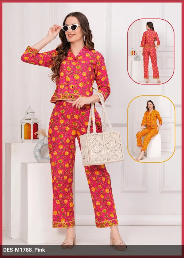 Women_Floral_Print_Night_Suit_Set_Pink_And_Yellow_Variants