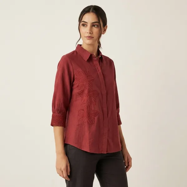 Maroon_Embroidered_Collar_Shirt_For_Women
