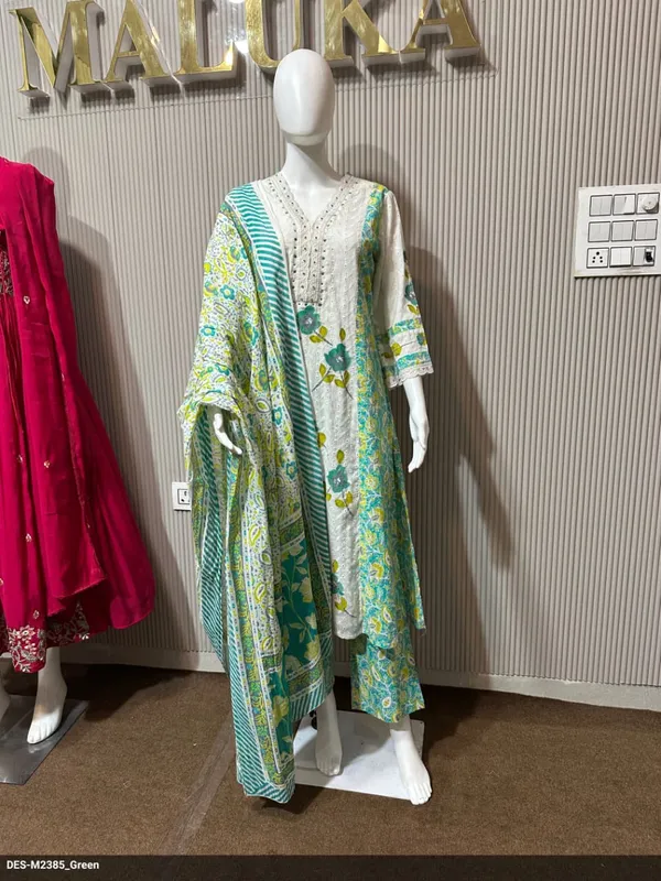 Women_Embellished_White_Kurta_With_Green_Floral_Printed_Dupatta_Set