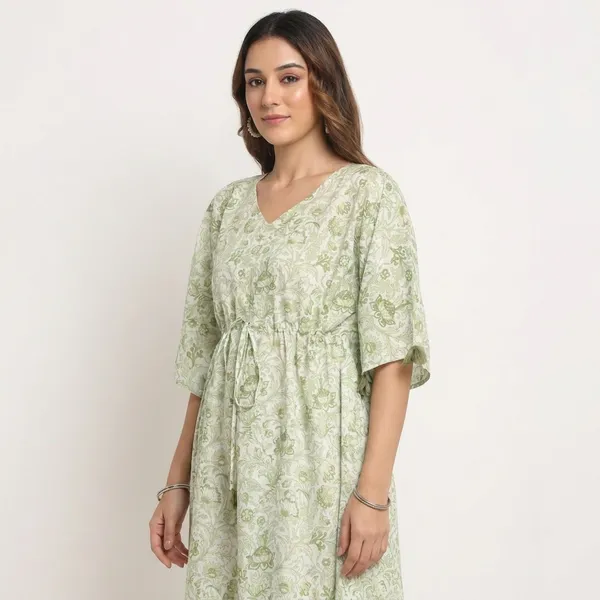 Green_Floral_Print_Gathered_Tunic_Top