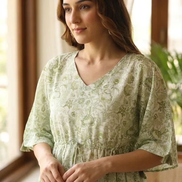 Green_Floral_Print_Gathered_Tunic_Top