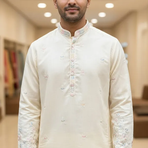 Men_Embroidered_Kurta_Cream_Ethnic_Wear