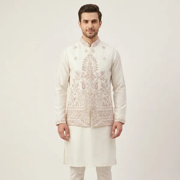 White_Embroidered_Sherwani_Set_With_Kurta_And_Pajama