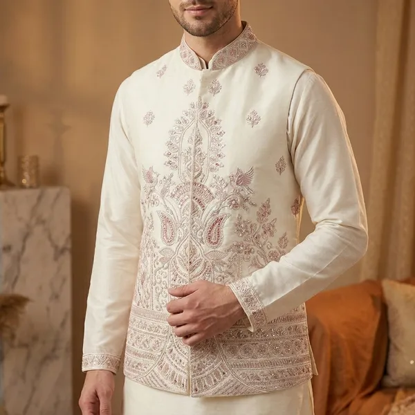 White_Embroidered_Sherwani_Set_With_Kurta_And_Pajama
