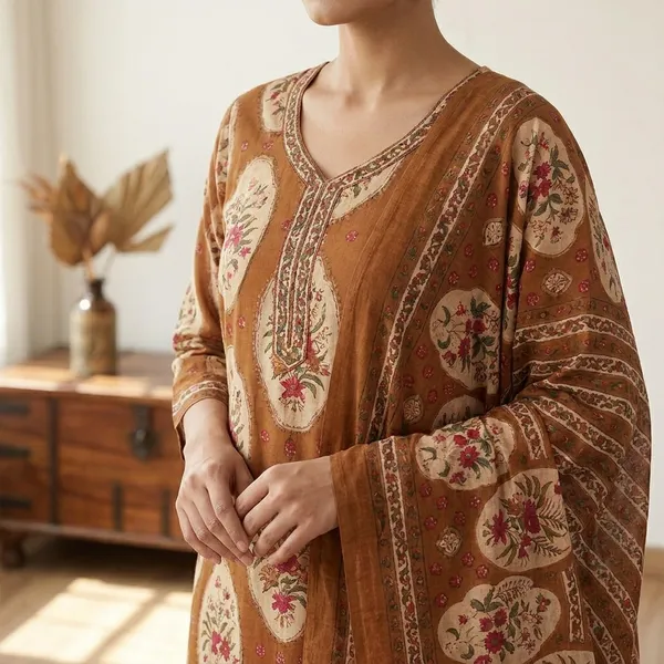 Brown_Printed_Ethnic_Kurta_Set_With_Dupatta