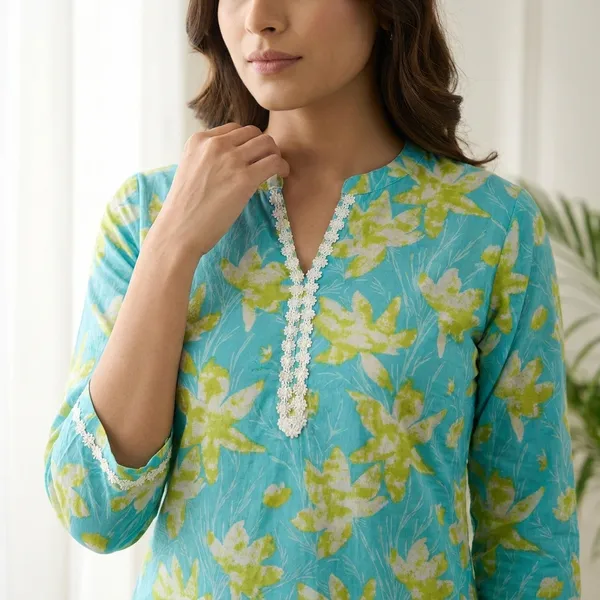 Sky_Blue_Floral_Print_Kurti_With_Pearl_Detail