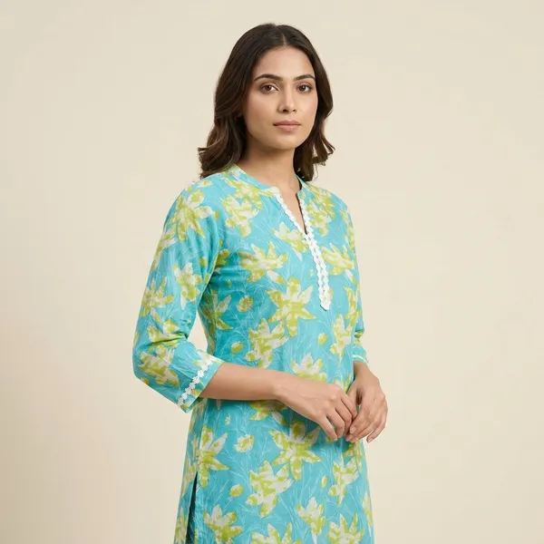 Sky_Blue_Floral_Print_Kurti_With_Pearl_Detail