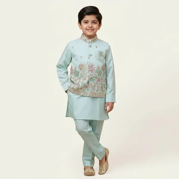 City_Live_Kids_Ethnic_Wear_Mint_Blue_Kurta_Pajama_Set_With_Embroidered_Waistcoat
