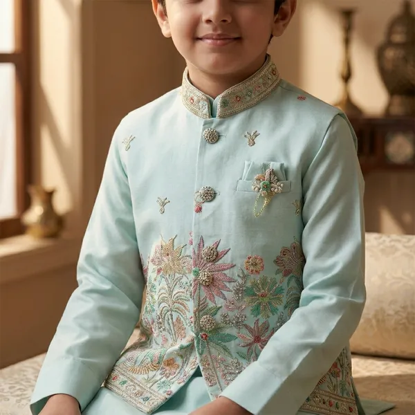 City_Live_Kids_Ethnic_Wear_Mint_Blue_Kurta_Pajama_Set_With_Embroidered_Waistcoat
