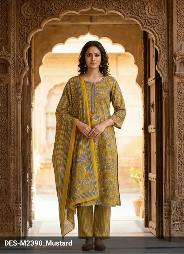 Mustard_Yellow_Printed_Salwar_Suit_Set_With_Striped_Dupatta