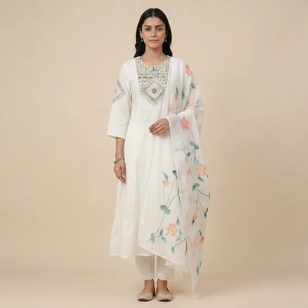 White_Embroidered_Kurta_Set_With_Floral_Dupatta