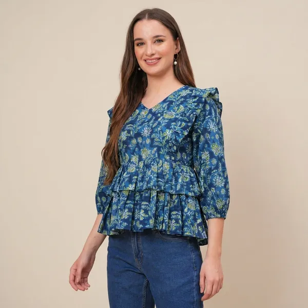 Blue_Floral_Print_Peplum_Top_For_Women