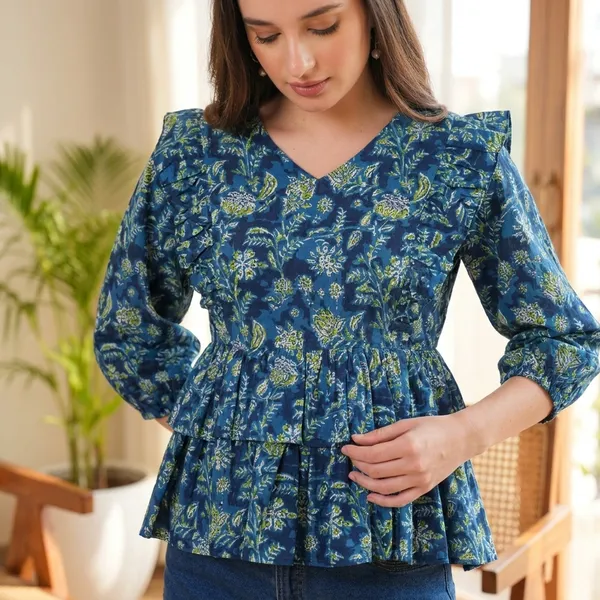 Blue_Floral_Print_Peplum_Top_For_Women