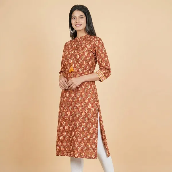 Women_Brown_Printed_Cotton_Kurti_With_Threequarter_Sleeves
