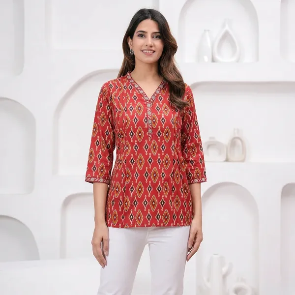 Maroon_Geometric_Print_Embellished_Vneck_Kurti