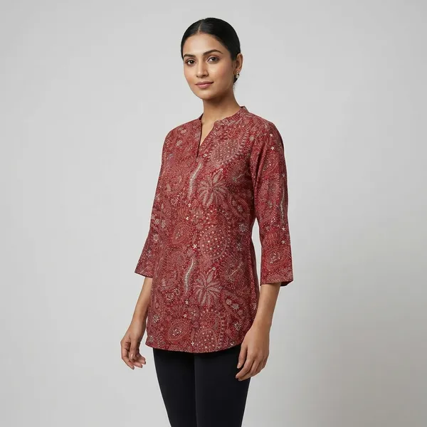 Red_Batik_Print_Cotton_Tunic_Top_For_Women