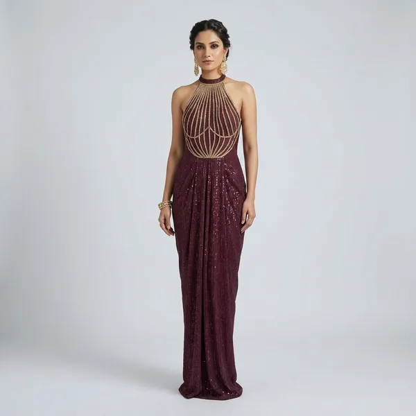 Maroon_Embellished_Halter_Neck_Gown_With_Draped_Skirt