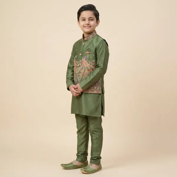 City_Live_Kids_Ethnic_Embroidered_Sherwani_Set_Green