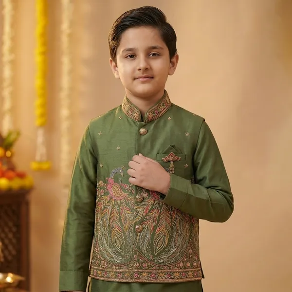 City_Live_Kids_Ethnic_Embroidered_Sherwani_Set_Green