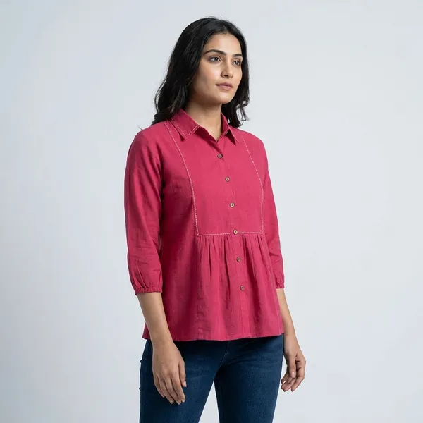 Pink_Cotton_Shirt_style_Top_With_Gathered_Waist_And_3/4_Sleeves