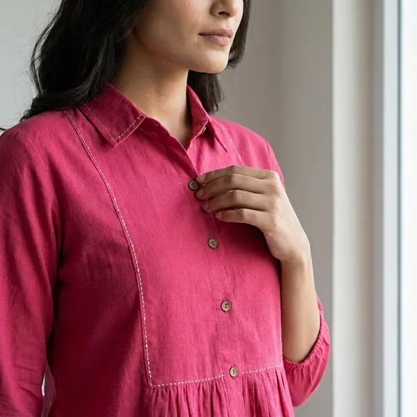 Pink_Cotton_Shirt_style_Top_With_Gathered_Waist_And_3/4_Sleeves