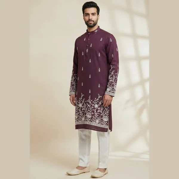 Men_Embroidered_Maroon_Kurta_With_White_Pajama_Set_Traditional_Ethnic_Wear