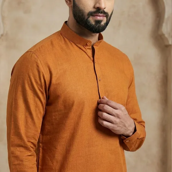 Men_Orange_Silk_Kurta_With_Mandarin_Collar