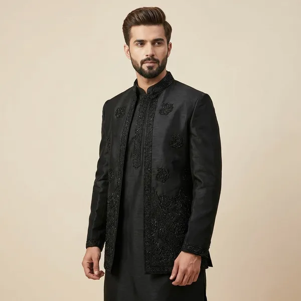 Black_Embroidered_Sherwani_Kurta_Set_For_Men