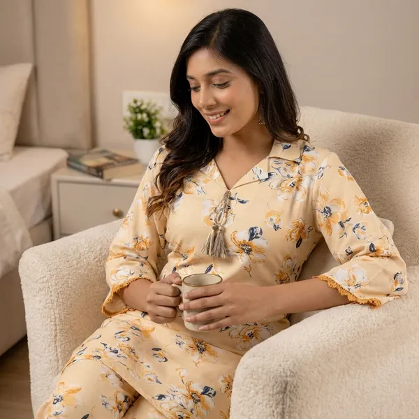 Mustard_Yellow_Floral_Printed_Night_Suit_Set_For_Women