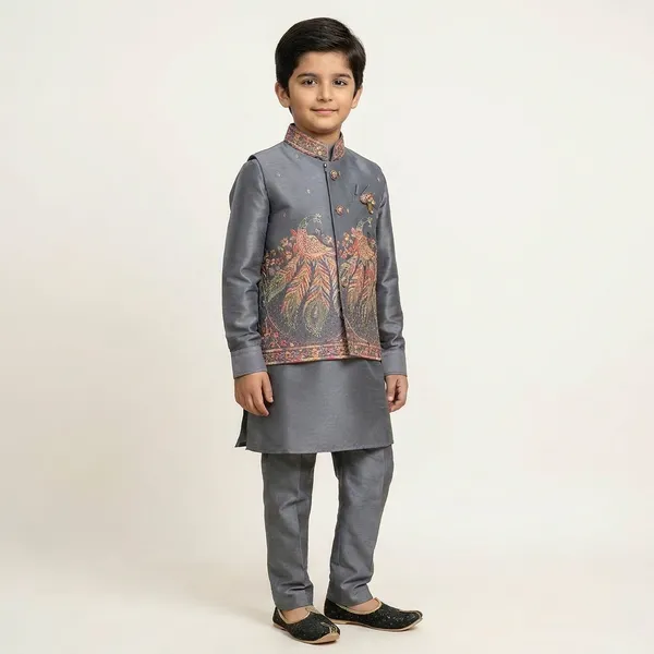 City_Live_Boys_Grey_Embroidered_Kurta_Pajama_Set_Ethnic_Wear